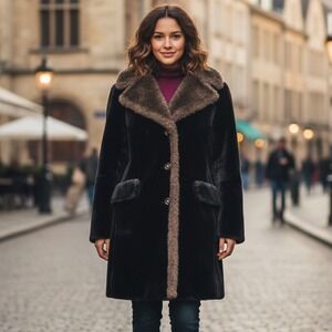 Vtg Glenorba Glenoit Faux Fur Coat Womens Black Brown Trim Winter Cozy Retro USA